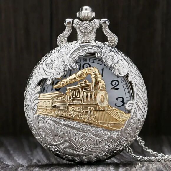 New Silver & Gold Colored Locomotive Design Pocket Watch w/ Chain - Picture 1 of 10